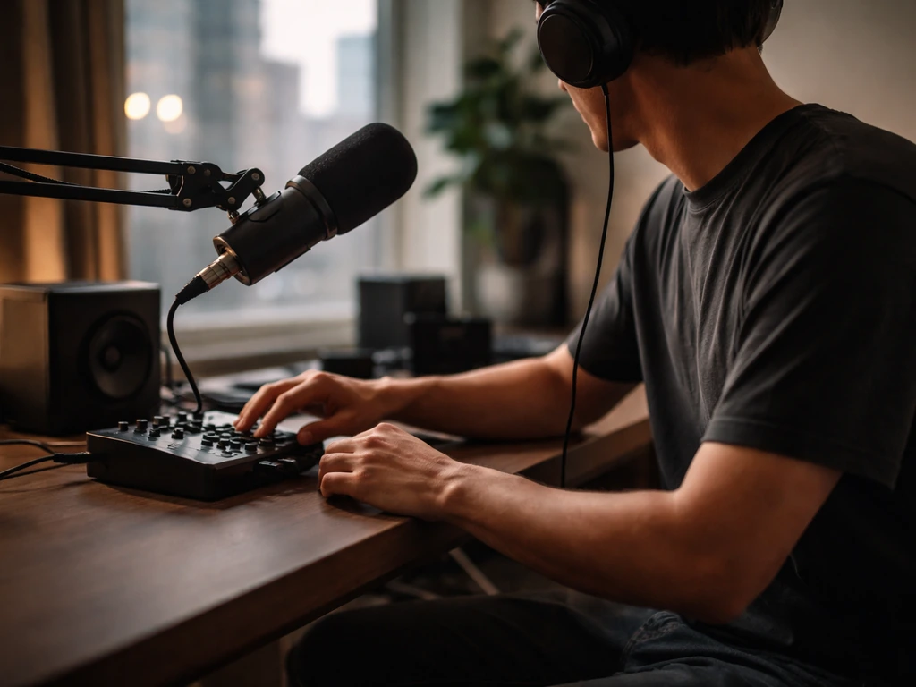 Greek-American record executive at a studio desk with a microphone and city lights outside the window