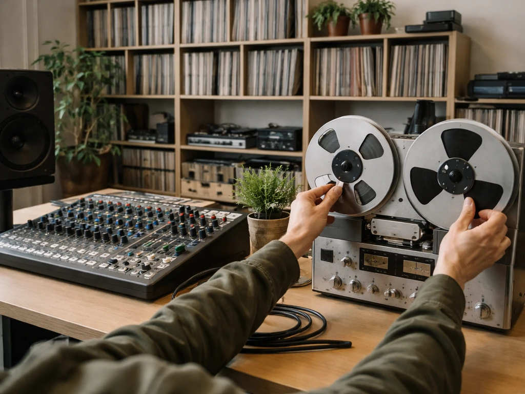 Hands adjusting analog tape in a minimal record label office with vinyl shelves in the background.