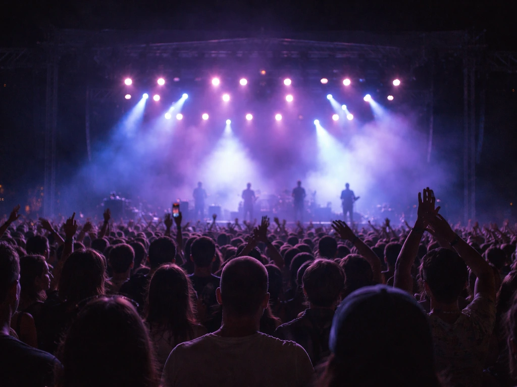 Minimal view of a live music festival stage with colorful lights and an enthusiastic crowd in the foreground.