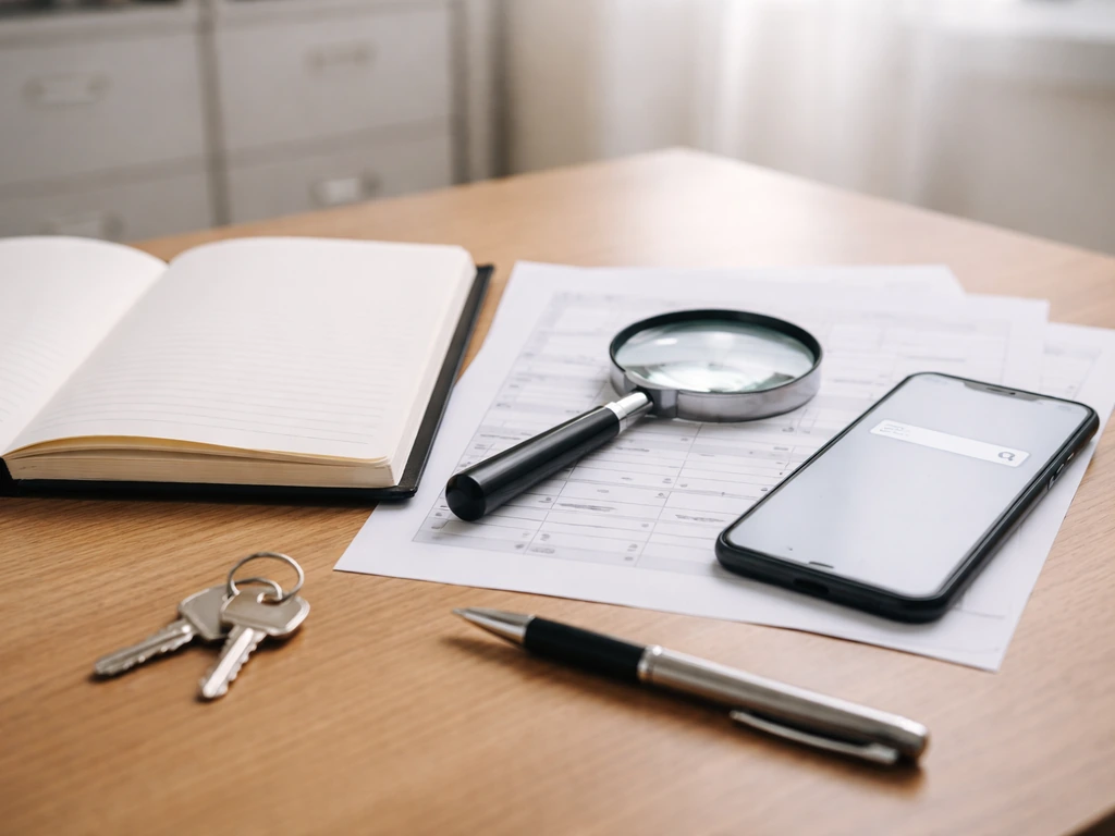 Close-up of an office desk with magnifying glass and blank registry forms for checking company records.