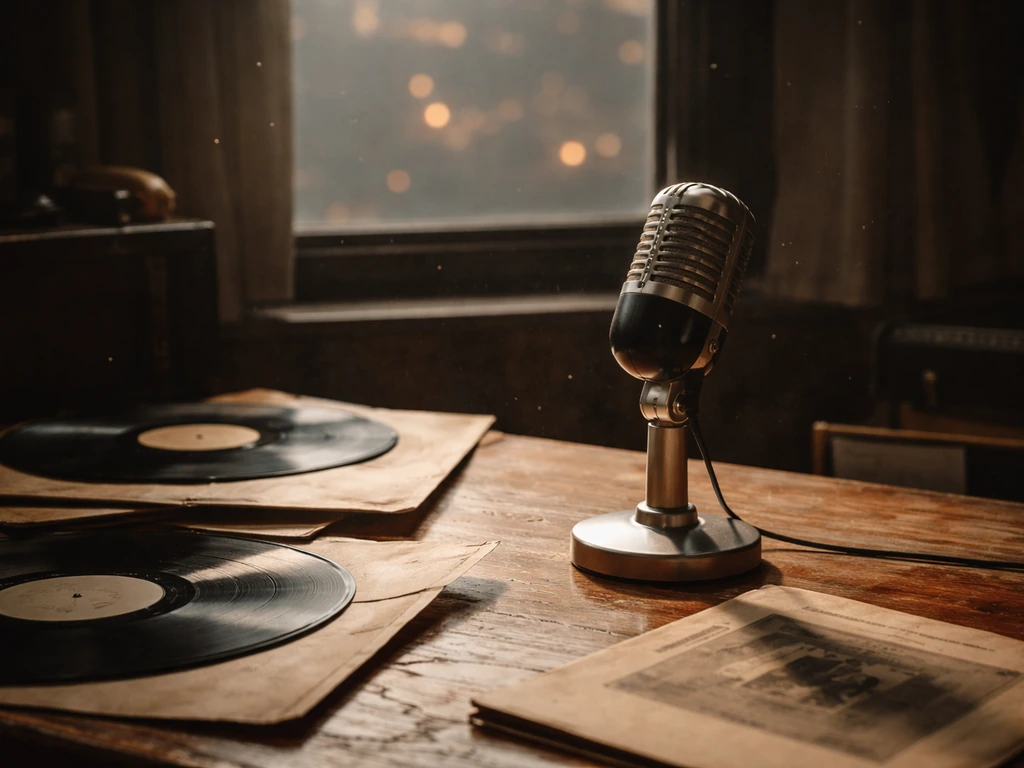 Vintage Greek music memorabilia and a studio microphone on a dim desk, archival mood.