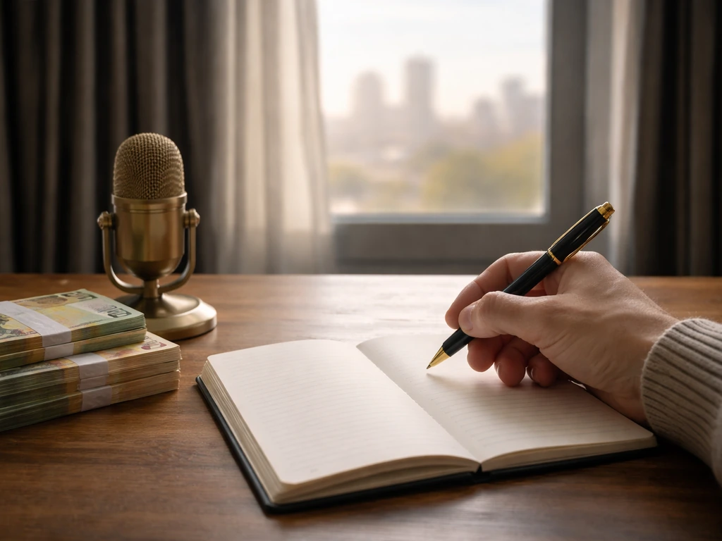 Minimal photo of a notebook, pen, and neatly stacked cash with a blurred city skyline background.