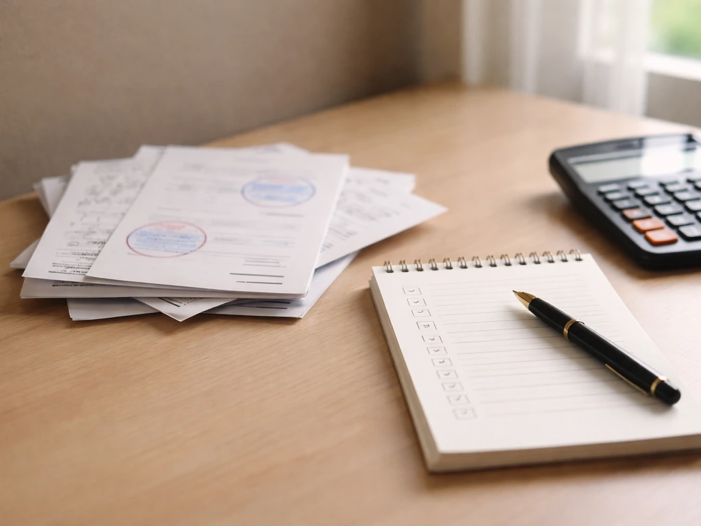 Minimal desk scene with scattered documents, a pen, and a checklist-style notes sheet for verifying a money estimate