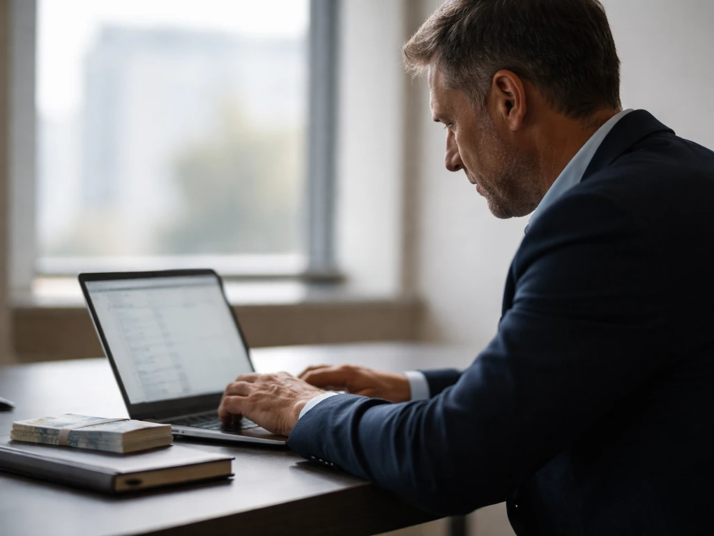 Anonymous man in a minimalist office setting with a laptop and scattered euros symbolizing wealth analysis