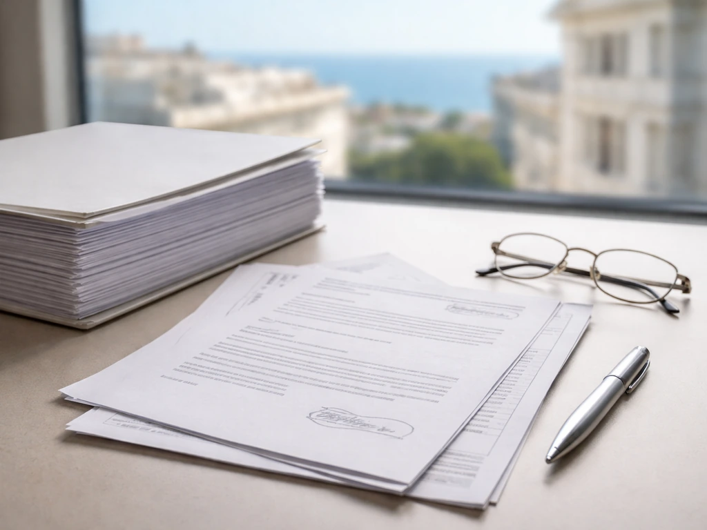 Close-up of anonymous corporate filings and an annual report folder on a desk by a window.