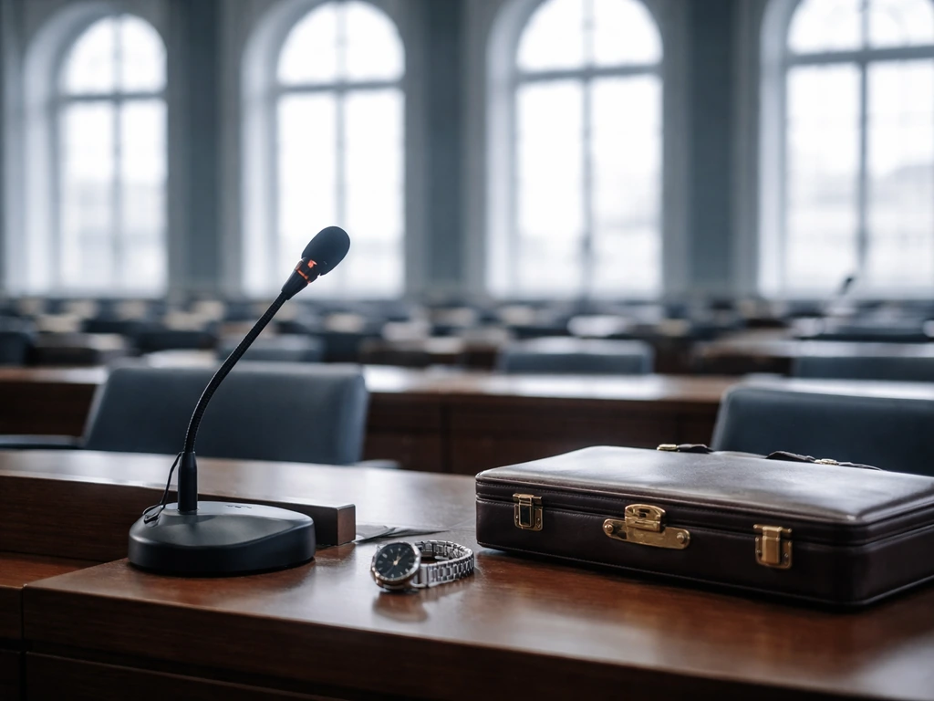 Empty European Parliament meeting room with a desk microphone, briefcase, and watch in soft daylight.