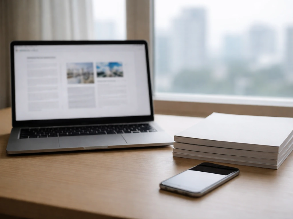 Minimal desk with laptop and annual report papers, symbolizing tracking investor updates.