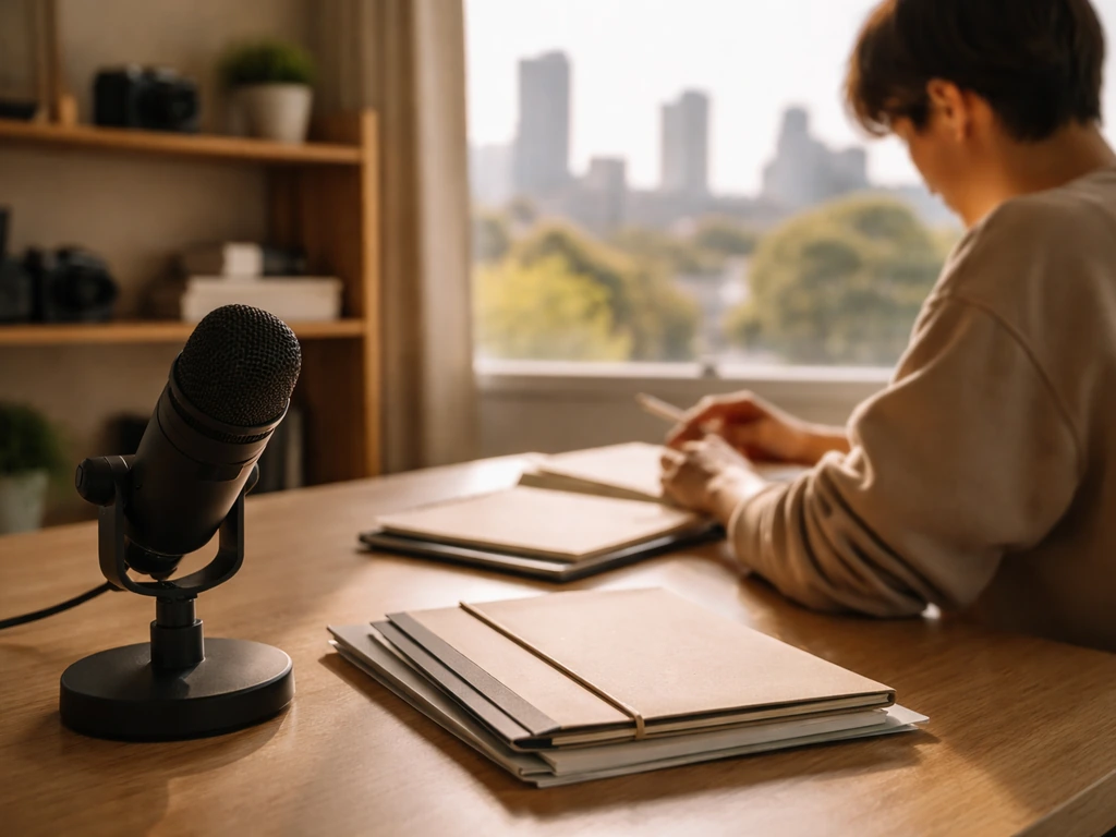Anonymous media studio desk with microphone and folders, warm light, skyline window backdrop