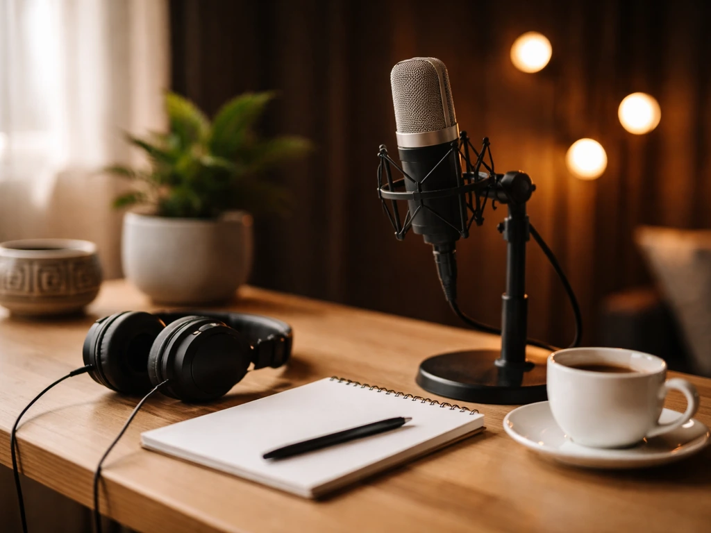 Minimal studio desk with microphone and headphones, warm lights blurred in the background.