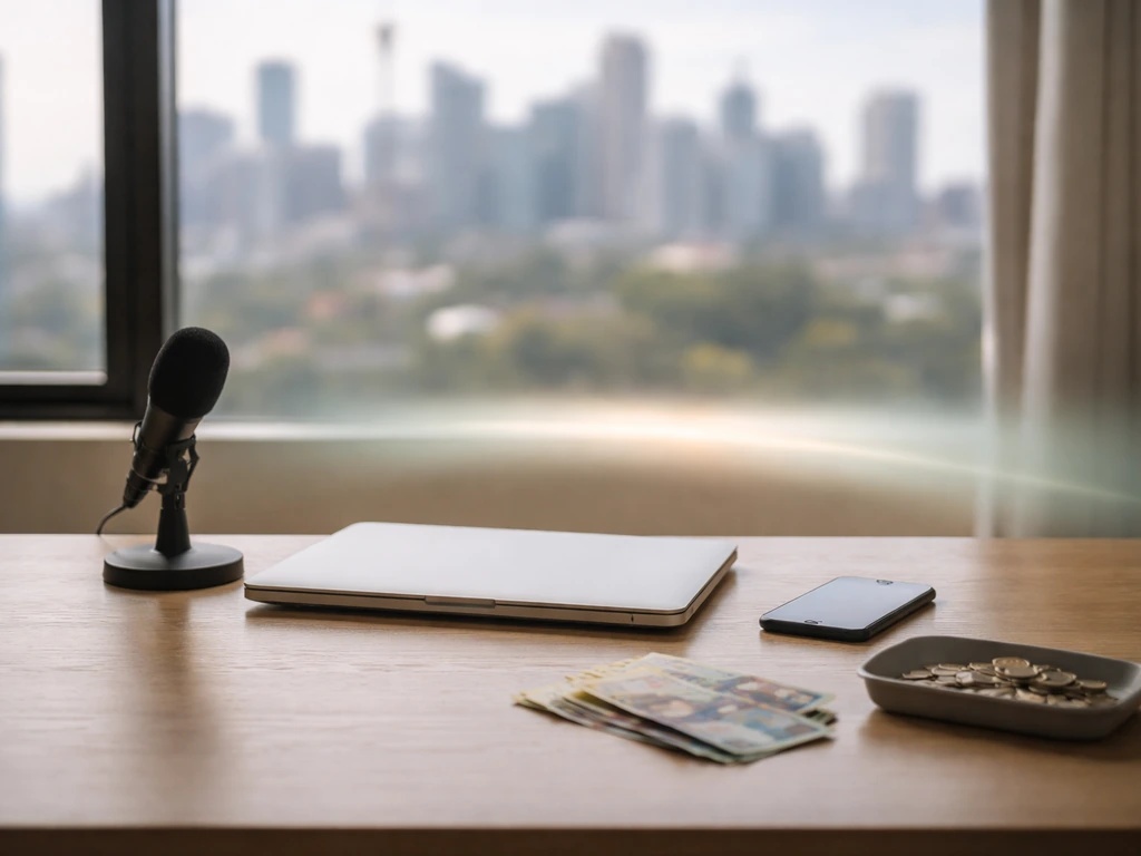 Minimal photo of a studio desk with scattered cash and a smartphone, suggesting media wealth analysis