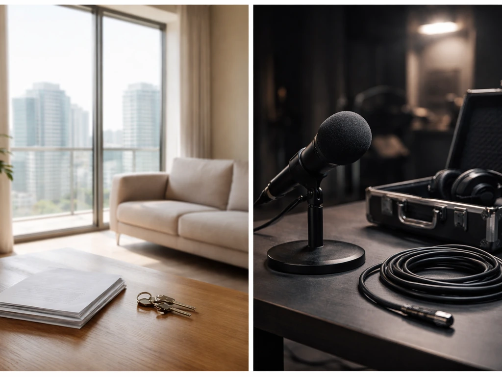 Split photo: bright apartment keys and paperwork on one side, dim studio microphone and cables on the other.