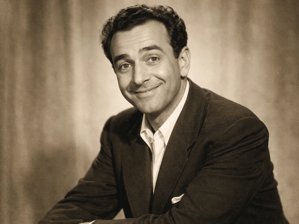 Archival-style portrait of a Greek comic actor in a vintage studio setting, softly lit and classic.