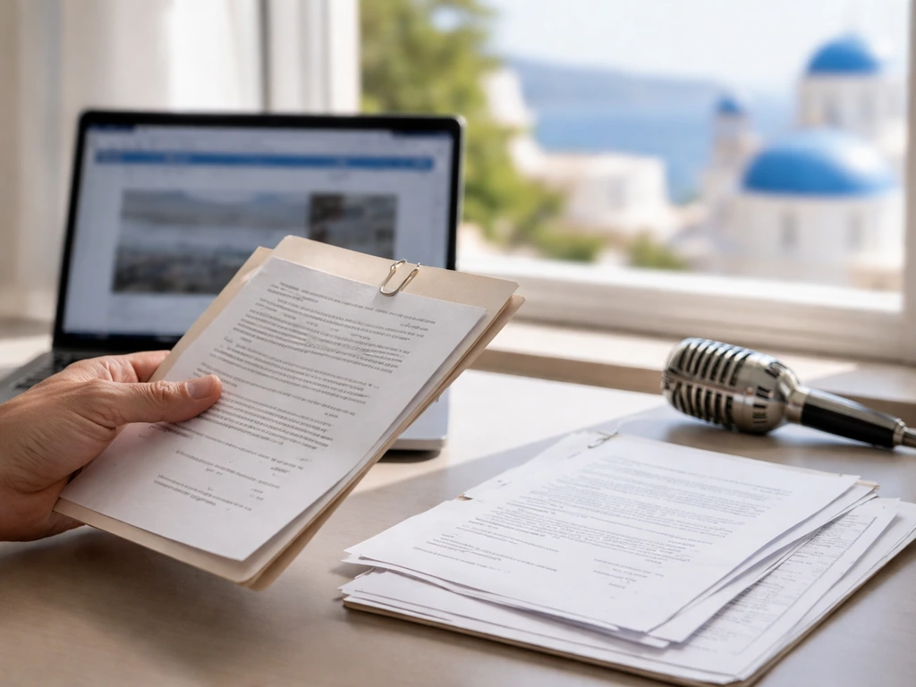 Anonymous hand with contract and records on a desk beside a vintage microphone, Greek media cues in background.