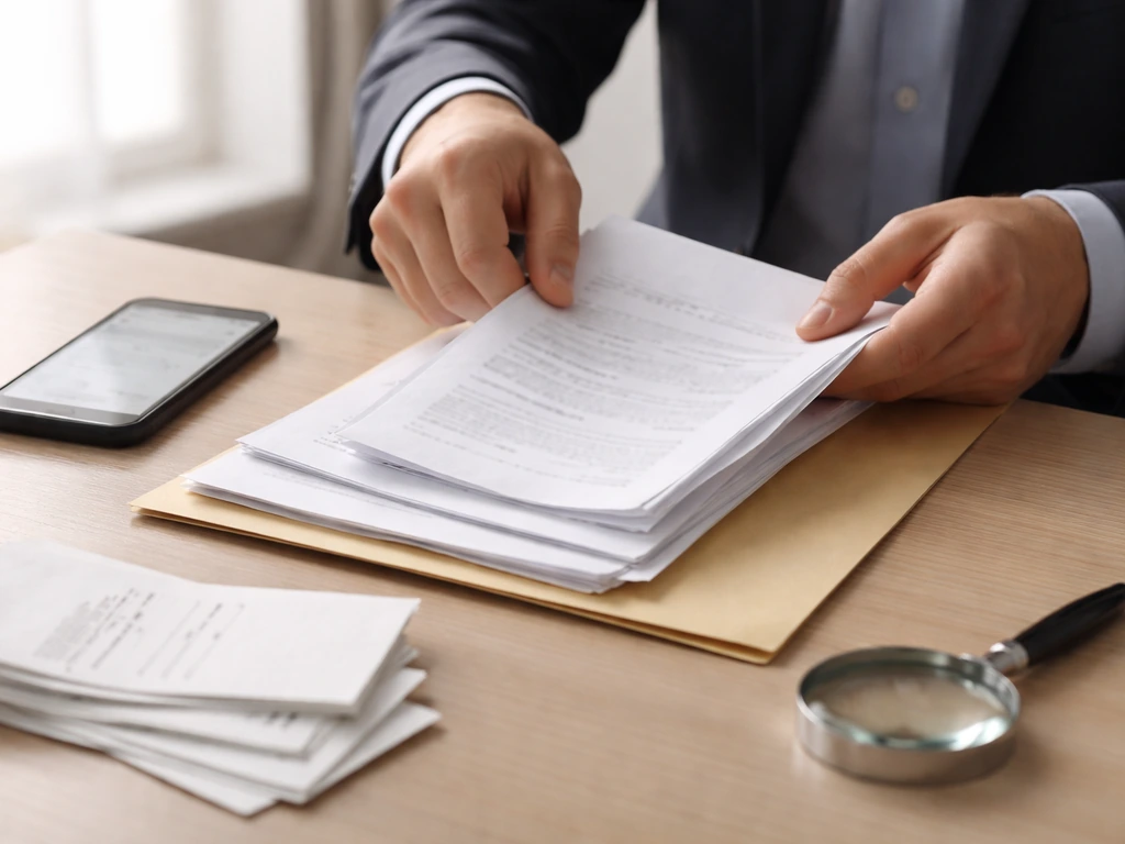 Hands reviewing multiple blank documents on a desk with a magnifying glass and receipts.
