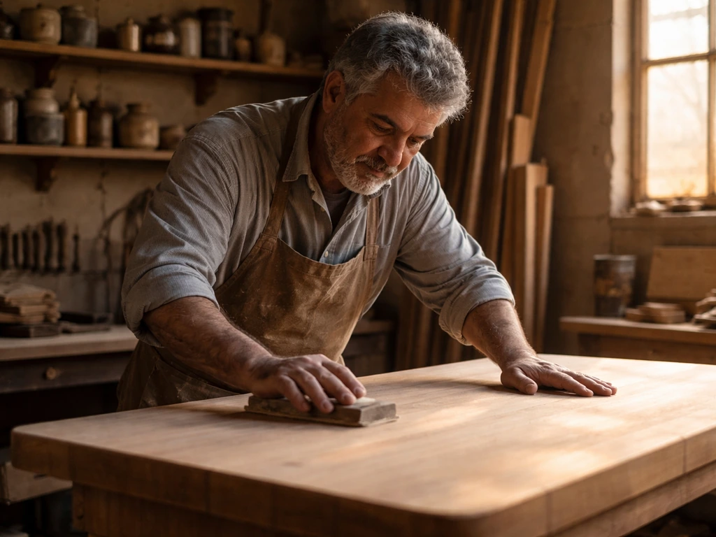 Anonymous Greek craftsman sanding a wooden table in a small workshop with warm natural light.