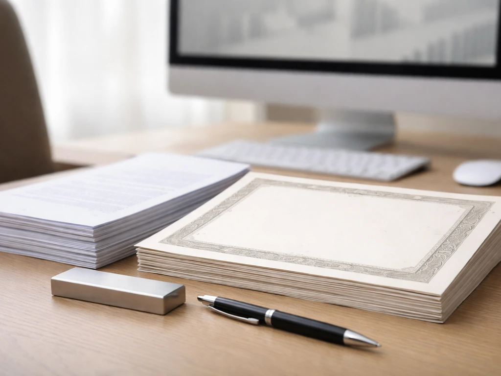 Minimal office desk with printed corporate documents and a stock certificate holder suggesting ownership stakes.