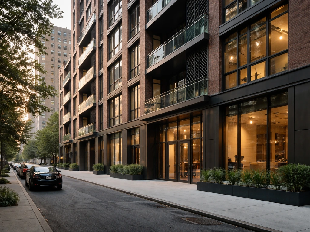 Street-level view of a modern glass-and-brick real-estate building in the NYC metro area.