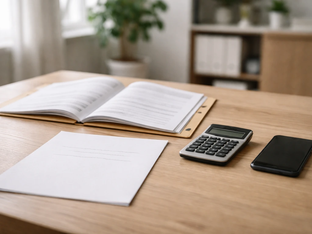 Minimal desk scene with documents, calculator, and a smartphone showing financial planning mood