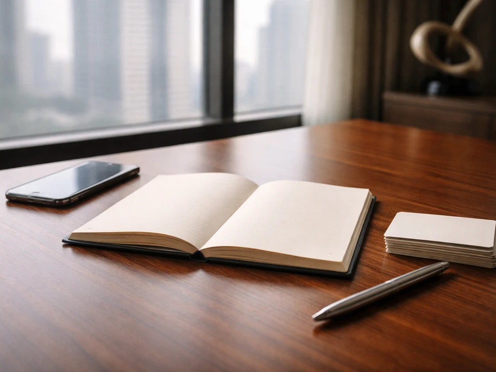 Minimal luxury desk scene with a notebook, smartphone, and pen suggesting finance research for an entrepreneur