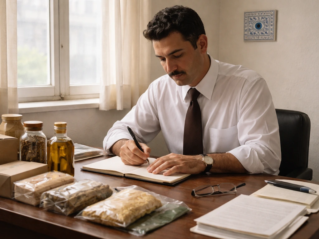 Anonymous Greek-American founder at a simple desk with product samples and blue-white décor
