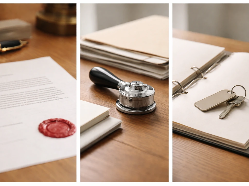 Three minimal desk vignettes showing stamped paperwork, a blank seal, and an open binder for ownership stakes.