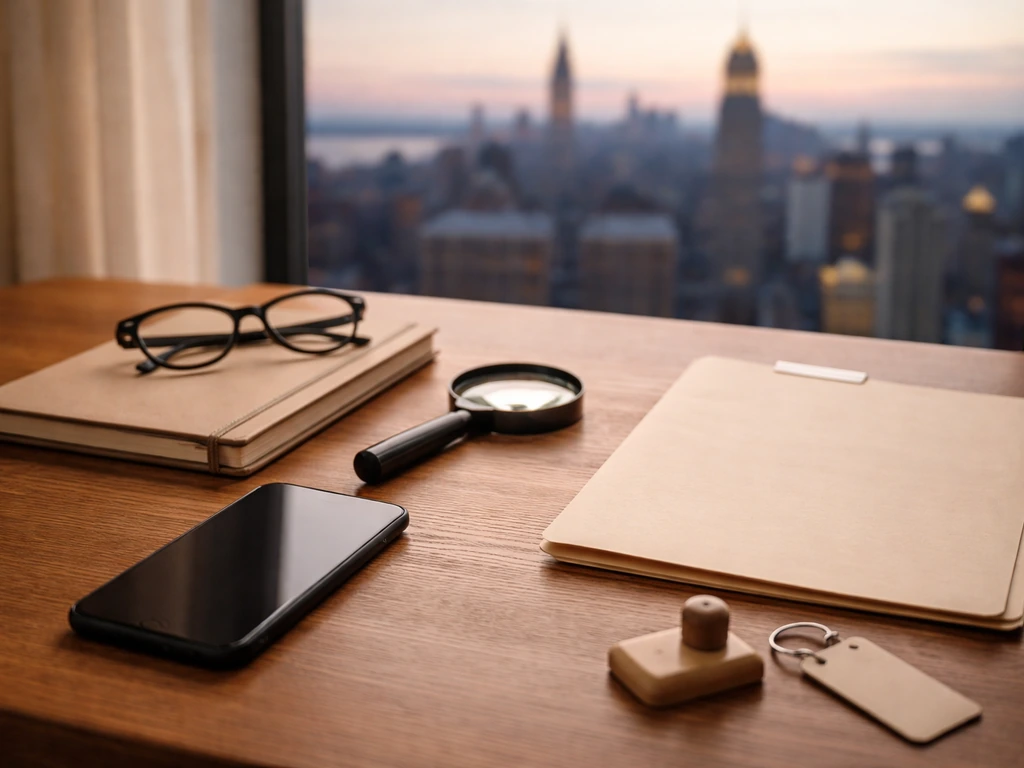 Desk scene with magnifying glass, notebook, blank smartphone, and documents for researching public records.