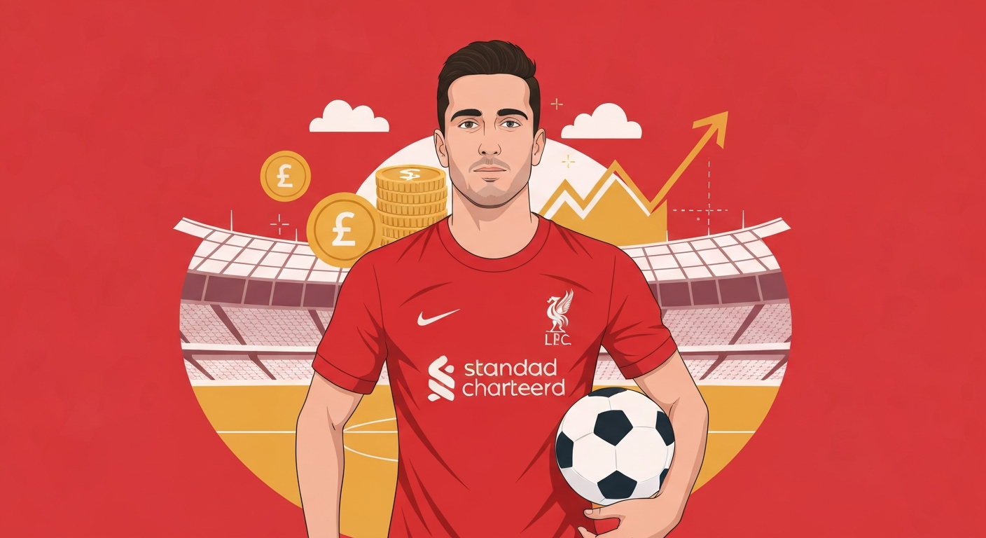 Stylized editorial illustration of a footballer in a red kit with money and a rising chart in the background, representing Kostas Tsimikas's net worth.