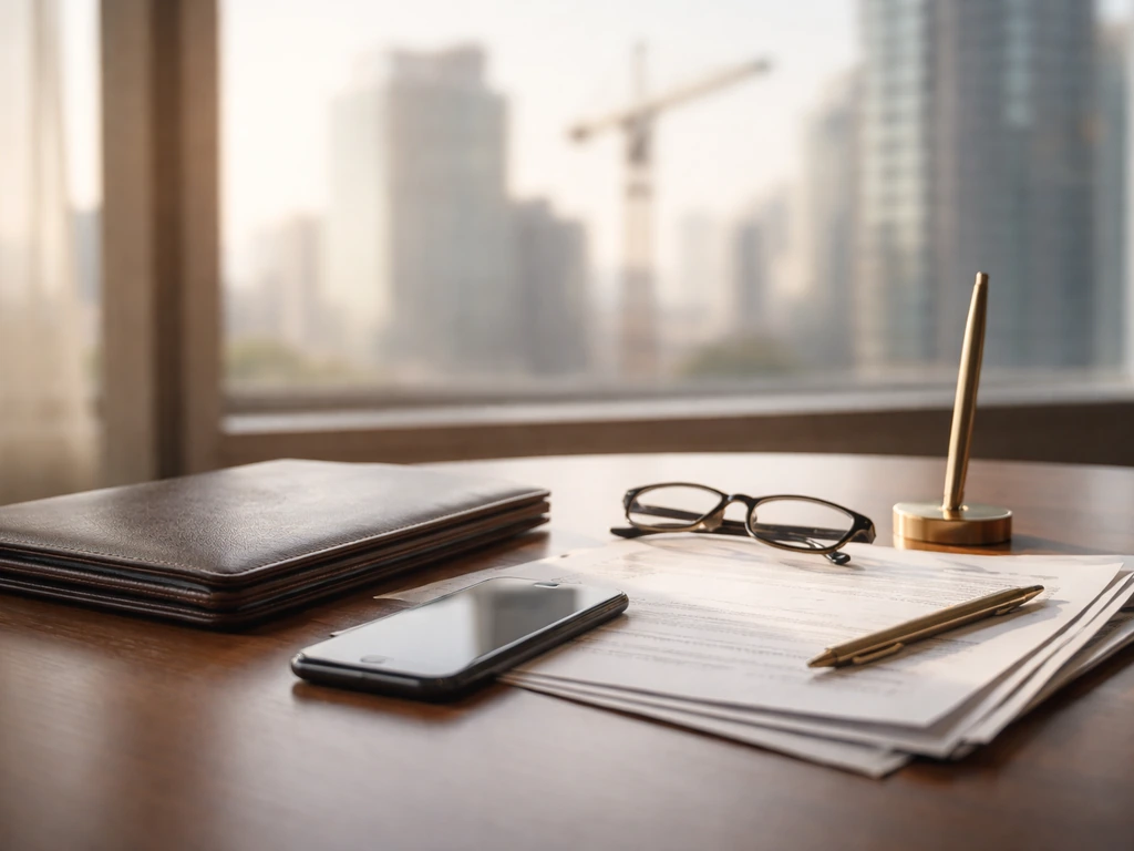 Minimal office desk scene with business documents and phone, with blurred buildings and construction crane outside