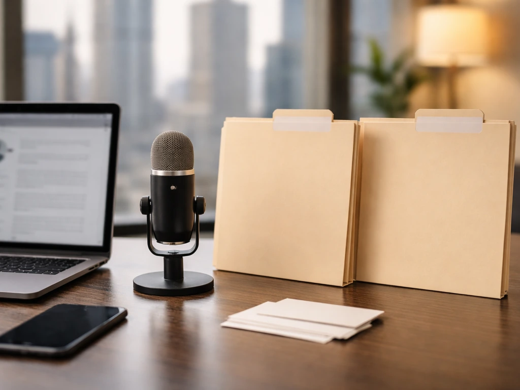 Minimal business desk with blurred profile-like laptop, microphone, and folder files suggesting identity comparison.