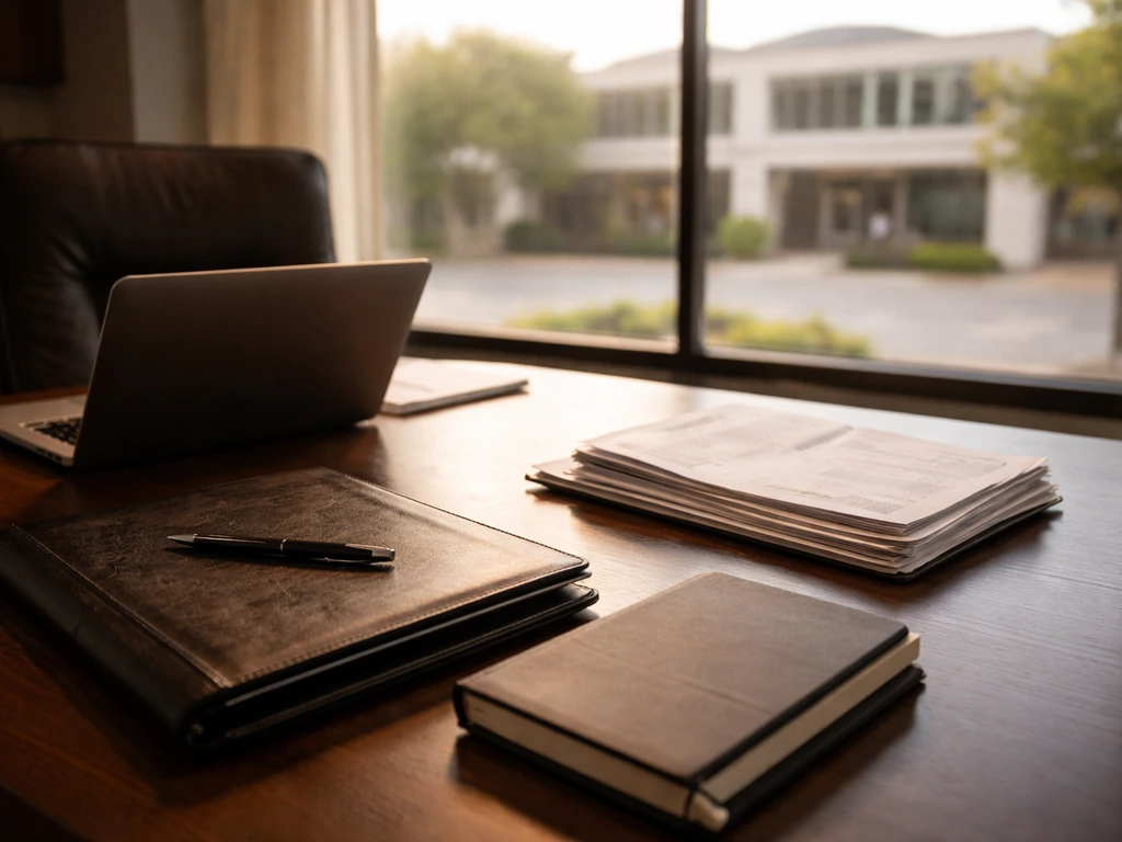 Sunlit modern office with a laptop, leather folder, and neatly stacked invoices suggesting long-term business leadership