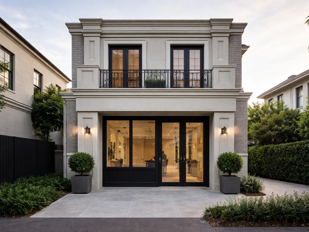 Minimal street-level photo of a Melbourne townhouse with a small retail-style frontage, no people or text.