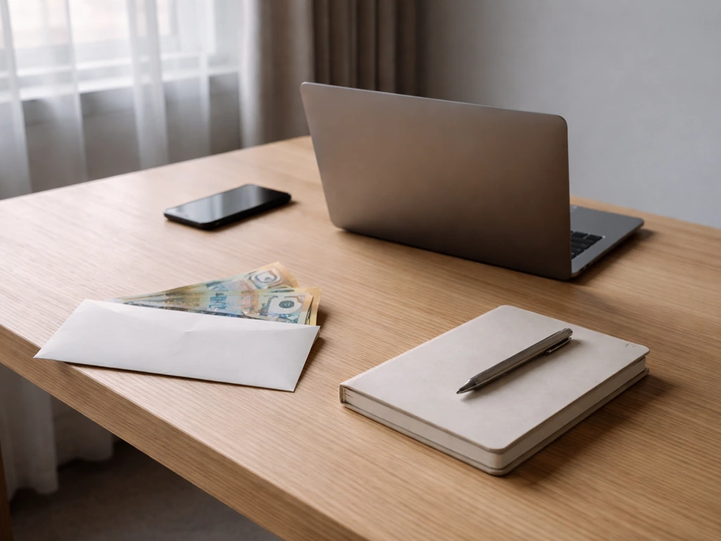 Minimal office desk with a smartphone and Australian money envelopes, suggesting business verification steps.