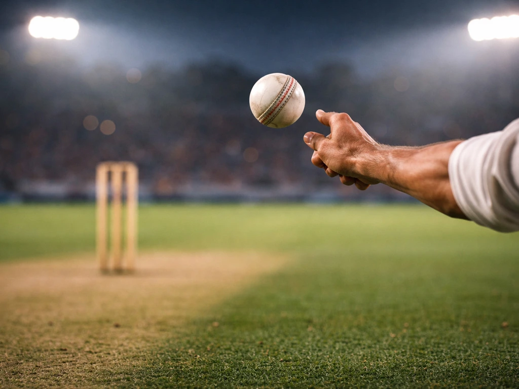 Close-up of a cricket ball mid-delivery with blurred wicket and stadium lights in the background.