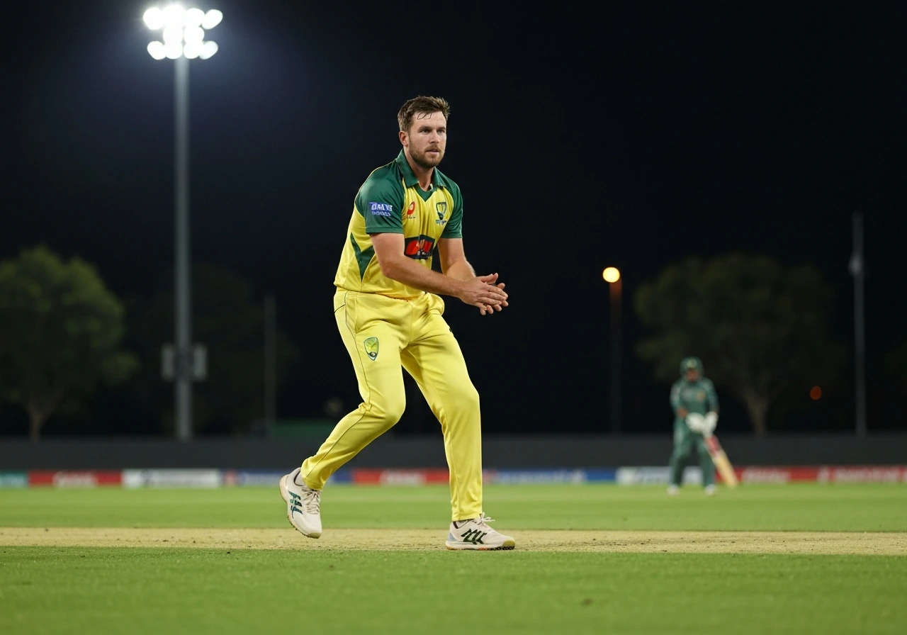 Australian leg-spin cricketer in uniform near a cricket pitch during a night match, identifying the right person.