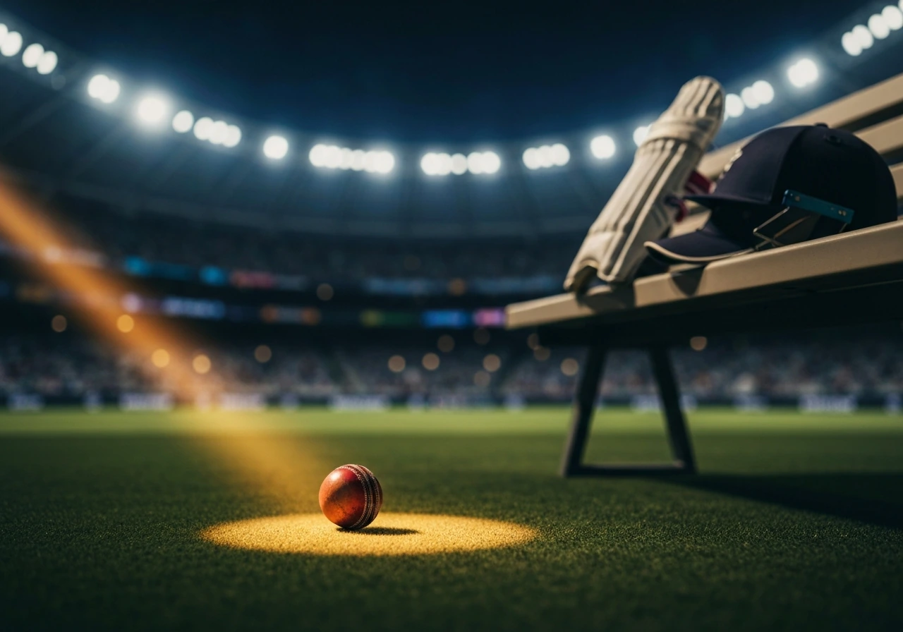 Cricket ball under a warm spotlight in an empty arena corner, symbolizing international T20 earnings.