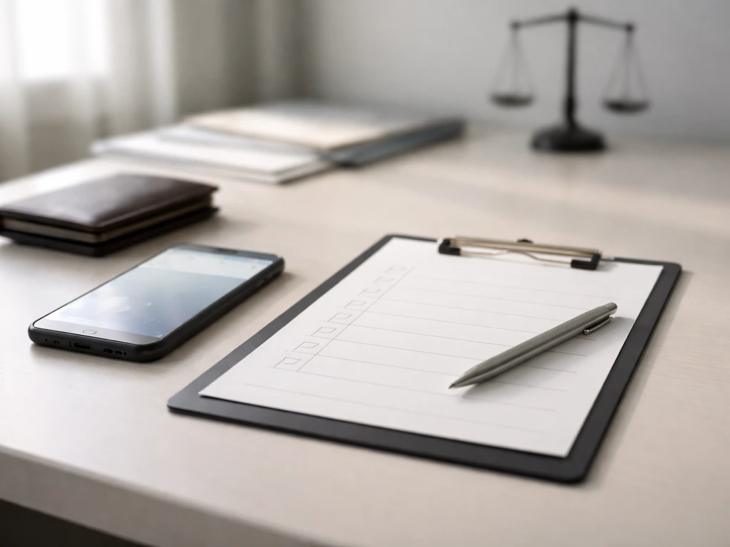 Minimal desk scene with blurred smartphone and clipboard, symbolizing net-worth evidence review.