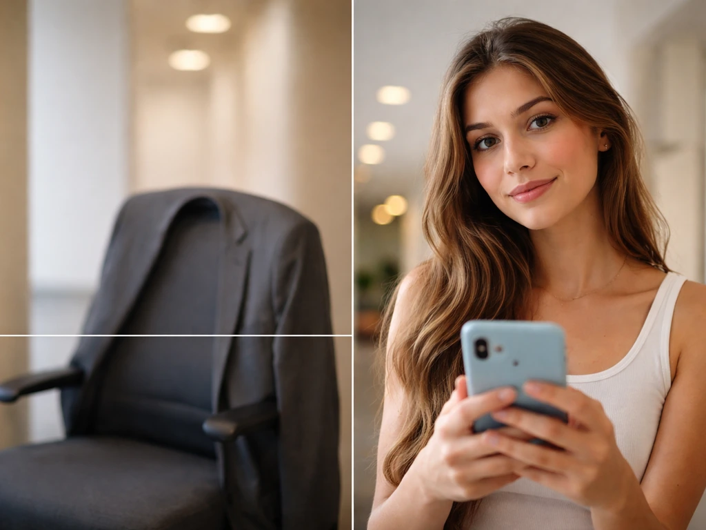 Split-screen: blurred office chair with suit on left, young woman with phone in minimal room on right.