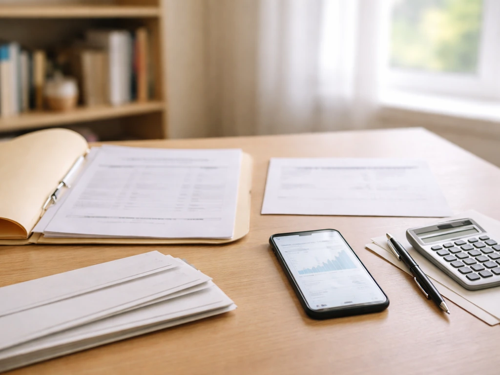Minimal desk scene with documents, a calculator, and a smartphone showing financial statements for income tracking.
