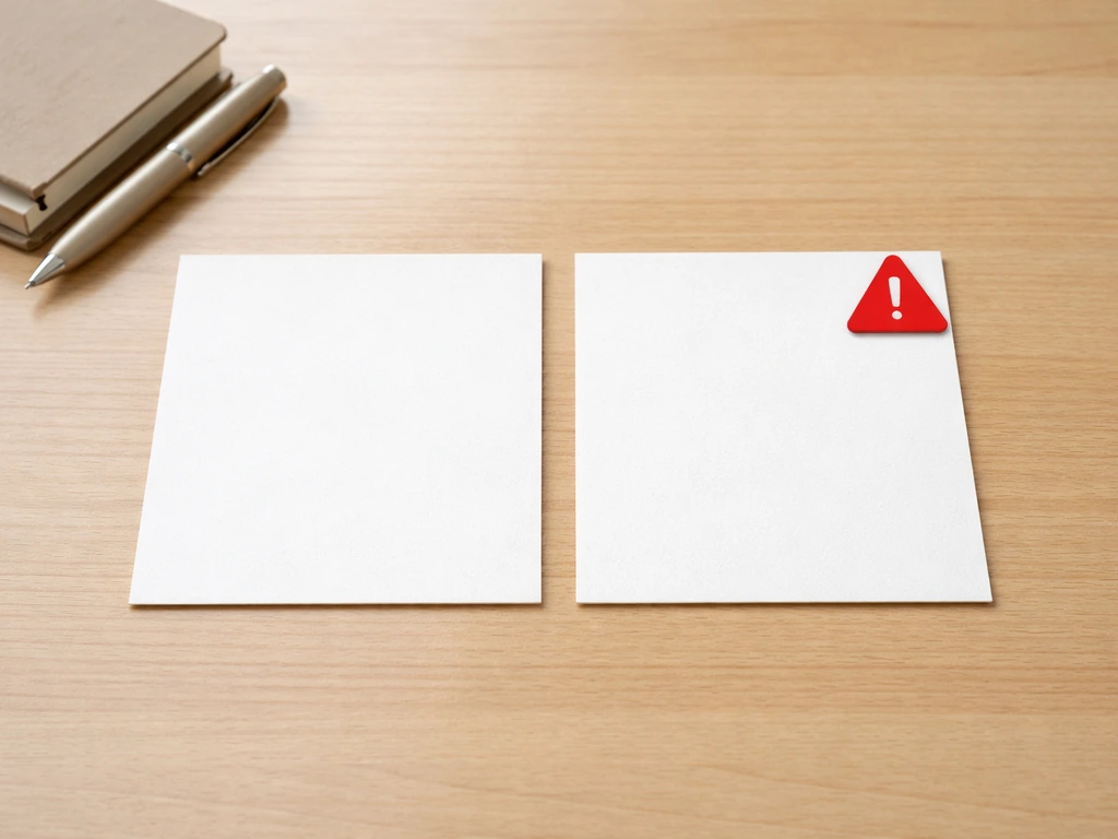 Minimal photo of a desk setup with two small cards split by a warning icon, symbolizing trust vs skepticism.