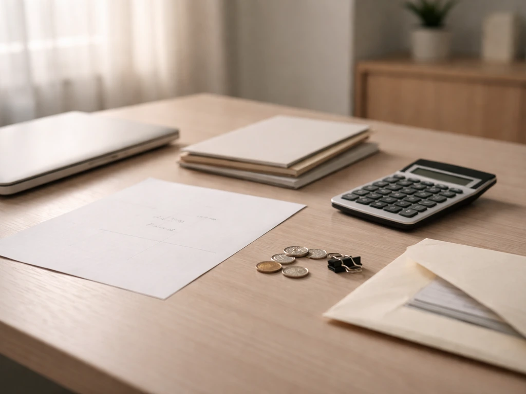 Minimal office desk scene with a handwritten-looking net worth equation concept and blurred documents, no text.