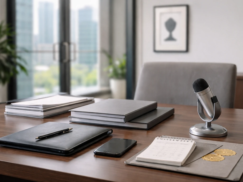 Minimal office scene with an empty executive desk, reinsurance binders, and soft milestone cues in the background.