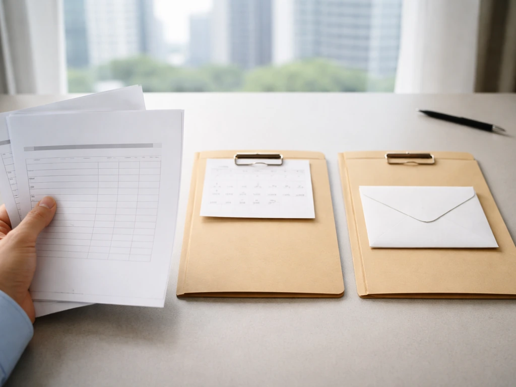 Close-up of hand holding blank finance documents next to folders and a generic calendar page on a desk.