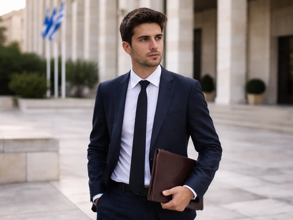 Young man in a dark suit outside a modern Athens government building, hinting at Greek political context.