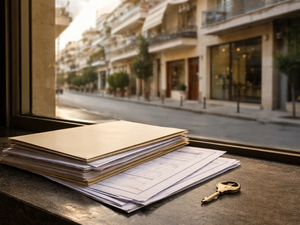 Greek street real-estate setting with property-record style documents and a key on a surface.