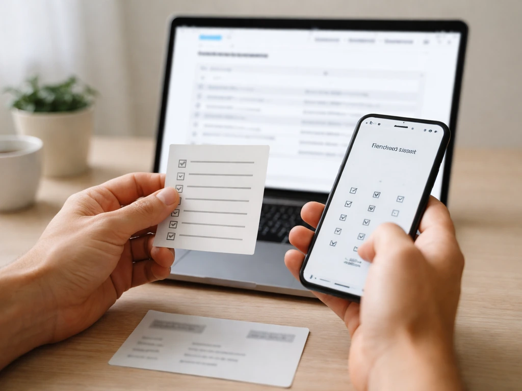Hands using a phone and paper checklist while a laptop shows a generic public registry search page concept.