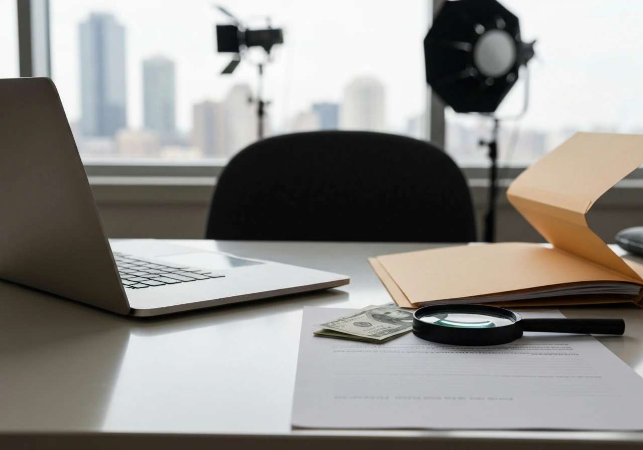 Magnifying glass over blank public-record documents with subtle cash and office desk cues