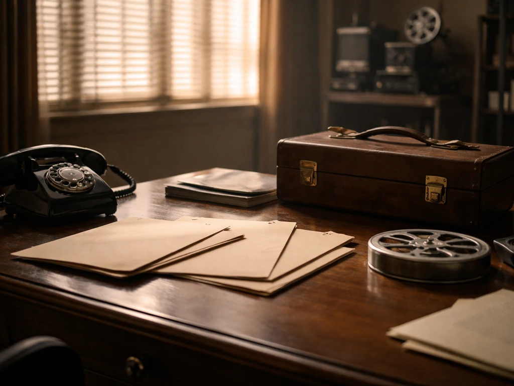 Vintage film office scene with period-style desk items symbolizing a Greek-American film executive’s era