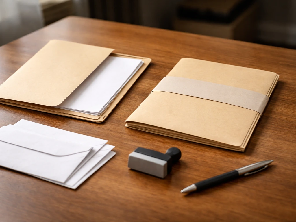 Close-up of a desk with folders and envelopes showing verified vs unverified paperwork, no readable text.