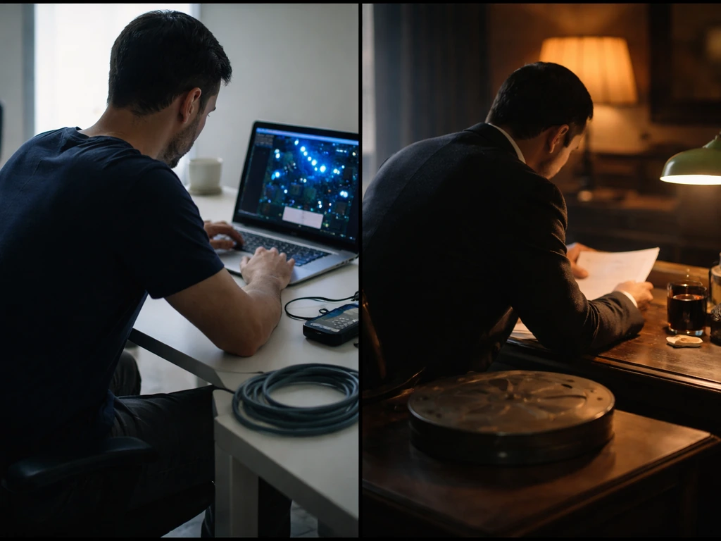 Split-screen of an anonymous tech engineer scene vs a vintage film executive office scene, no text.