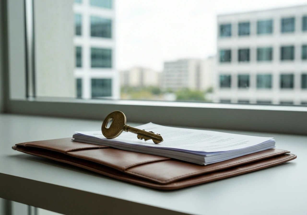 Leather portfolio with brass key and blank real-estate paperwork on a desk near a city-window view.